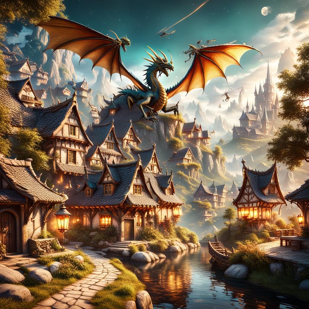 Dragon Flight Above Magical Fairy Village