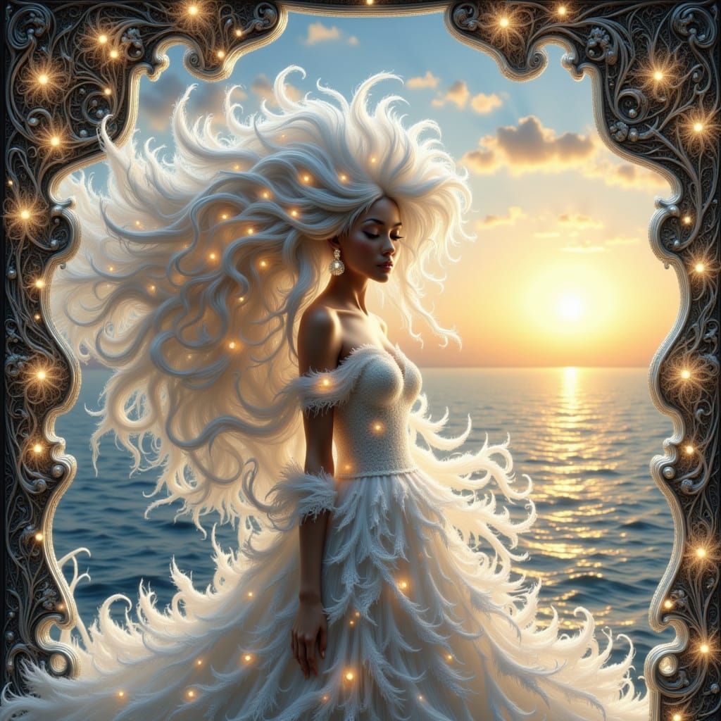 Elegant Lady with Platinum Hair on Sunset Beach