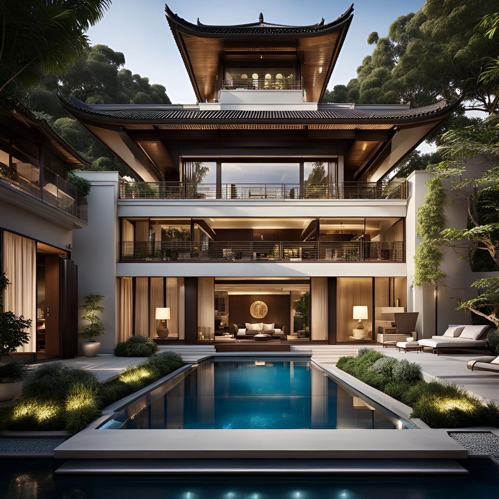 Luxury Villa Backyard with Pool and Zen Garden