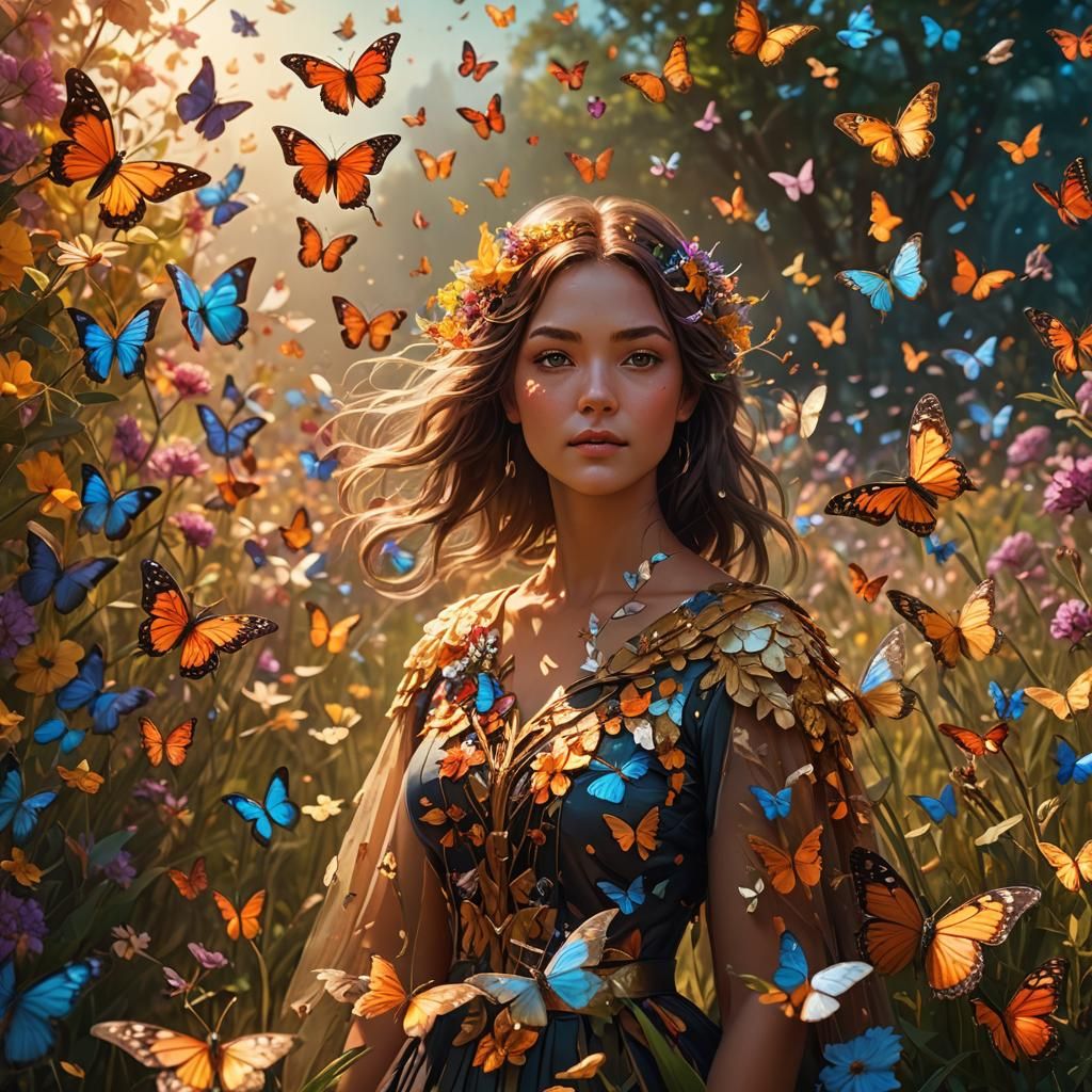 Woman Surrounded by Butterflies in Fantasy Meadow