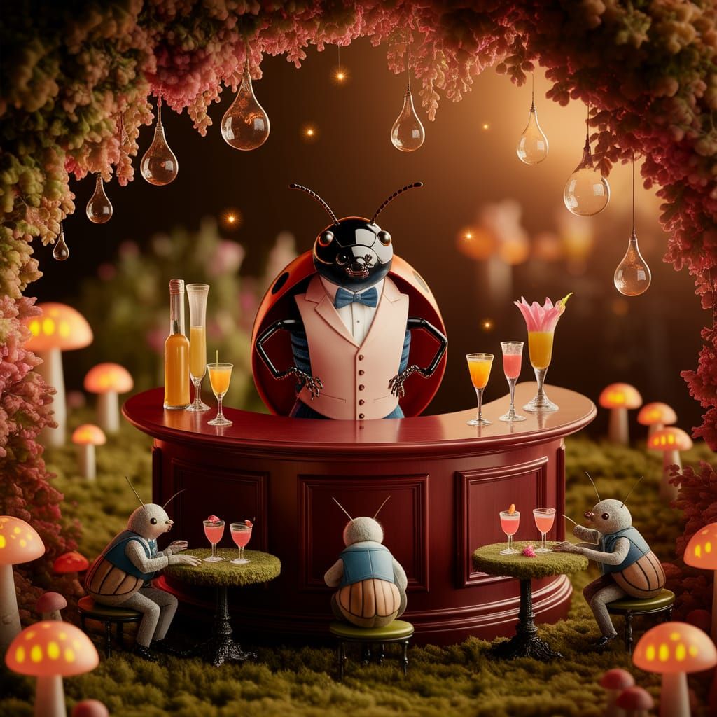 Ladybug Bartender Serves Aphids in Enchanting Meadow