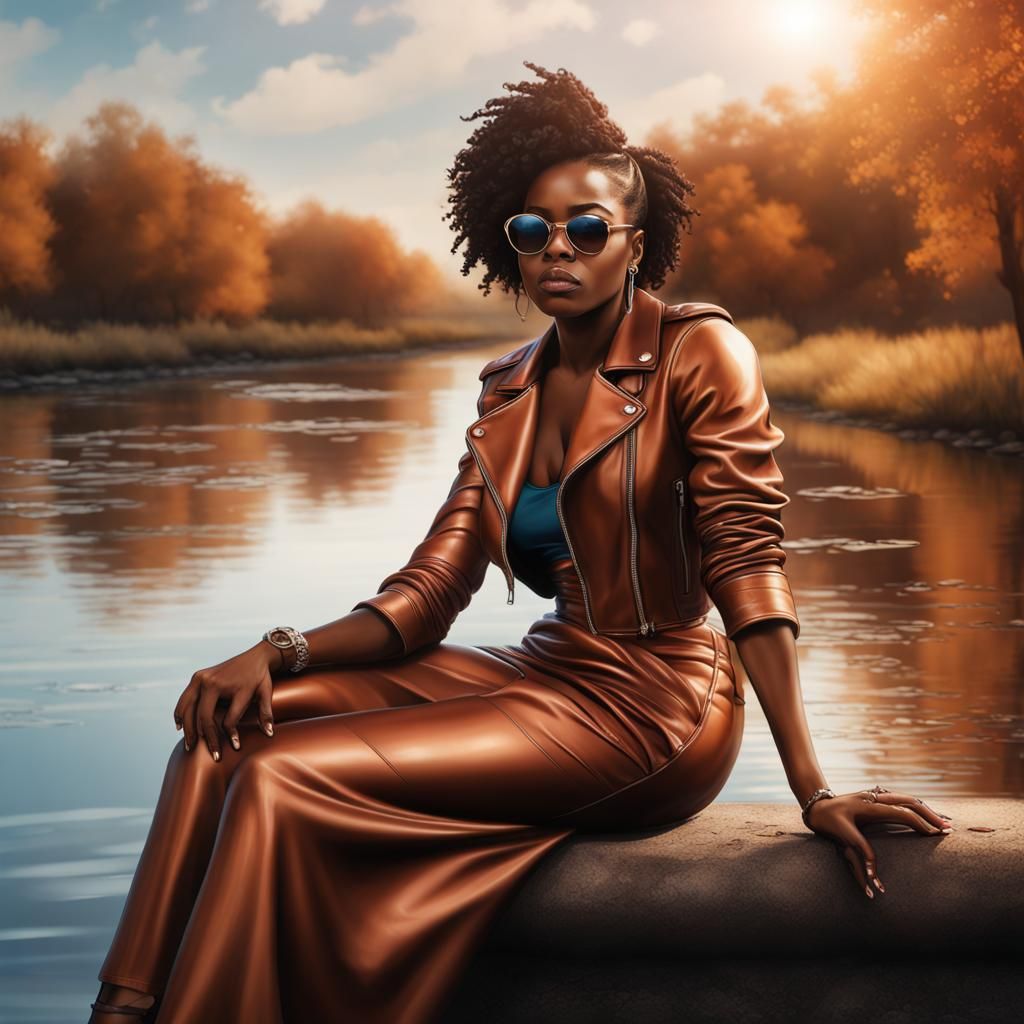 Woman in Copper Dress and Blue Jacket, Hyperrealistic Art