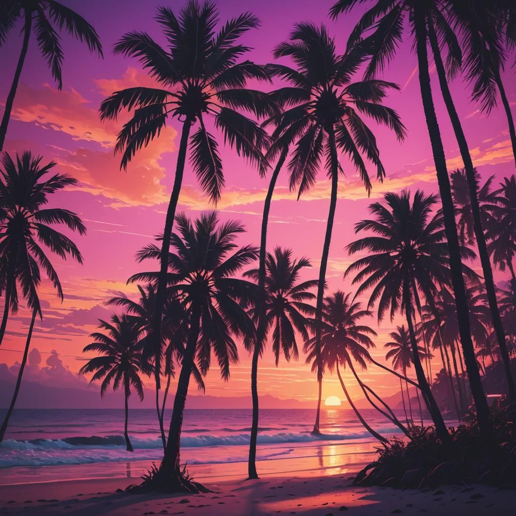 Sunset Beach with Palms in Synthwave Neon Style