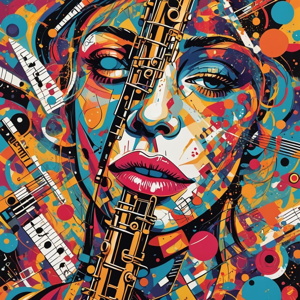 Vibrant Pop Art Oboe Player with Geometric Shapes