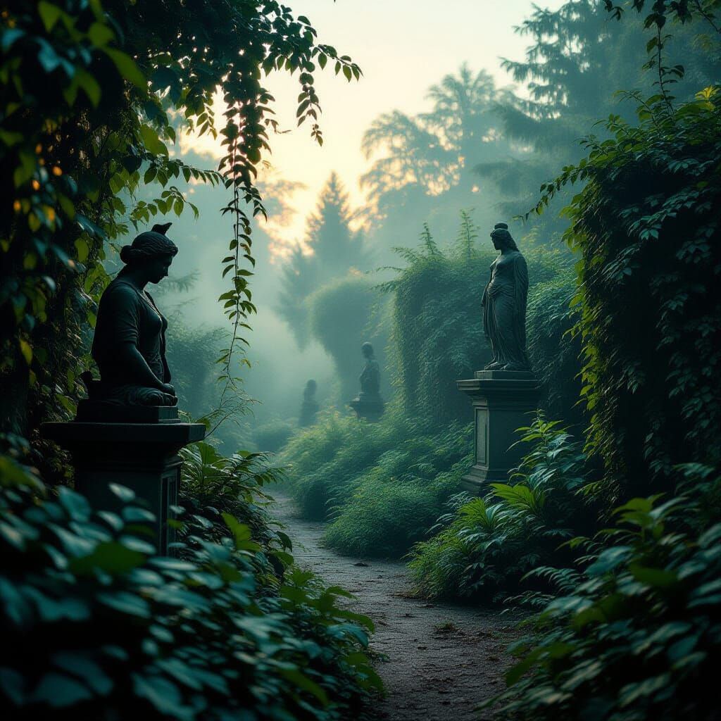 Eerie Overgrown Garden at Night in Cinematic Style