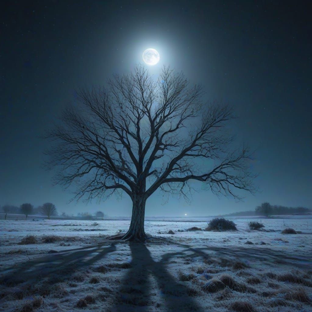 Moonlit Winter Landscape Photography with Snowfall