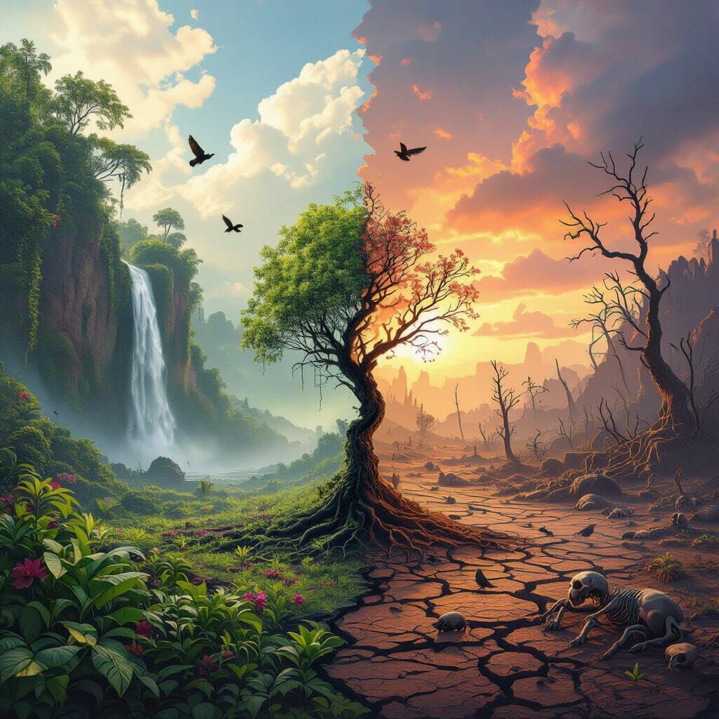 Split Landscape: Rainforest and Wasteland in Cinematic Style