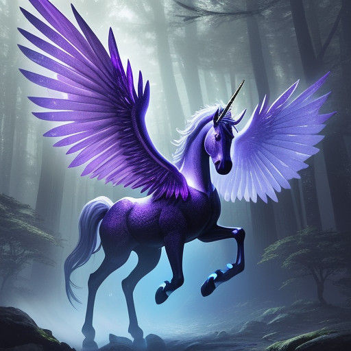 Surreal Amethyst Winged Unicorn in Enchanted Forest