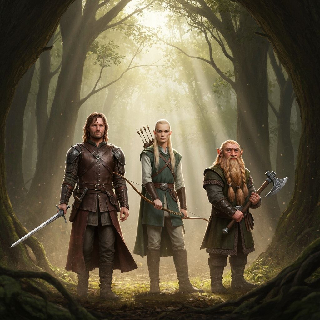 Aragorn, Legolas, and Gimli in Ancient Forest