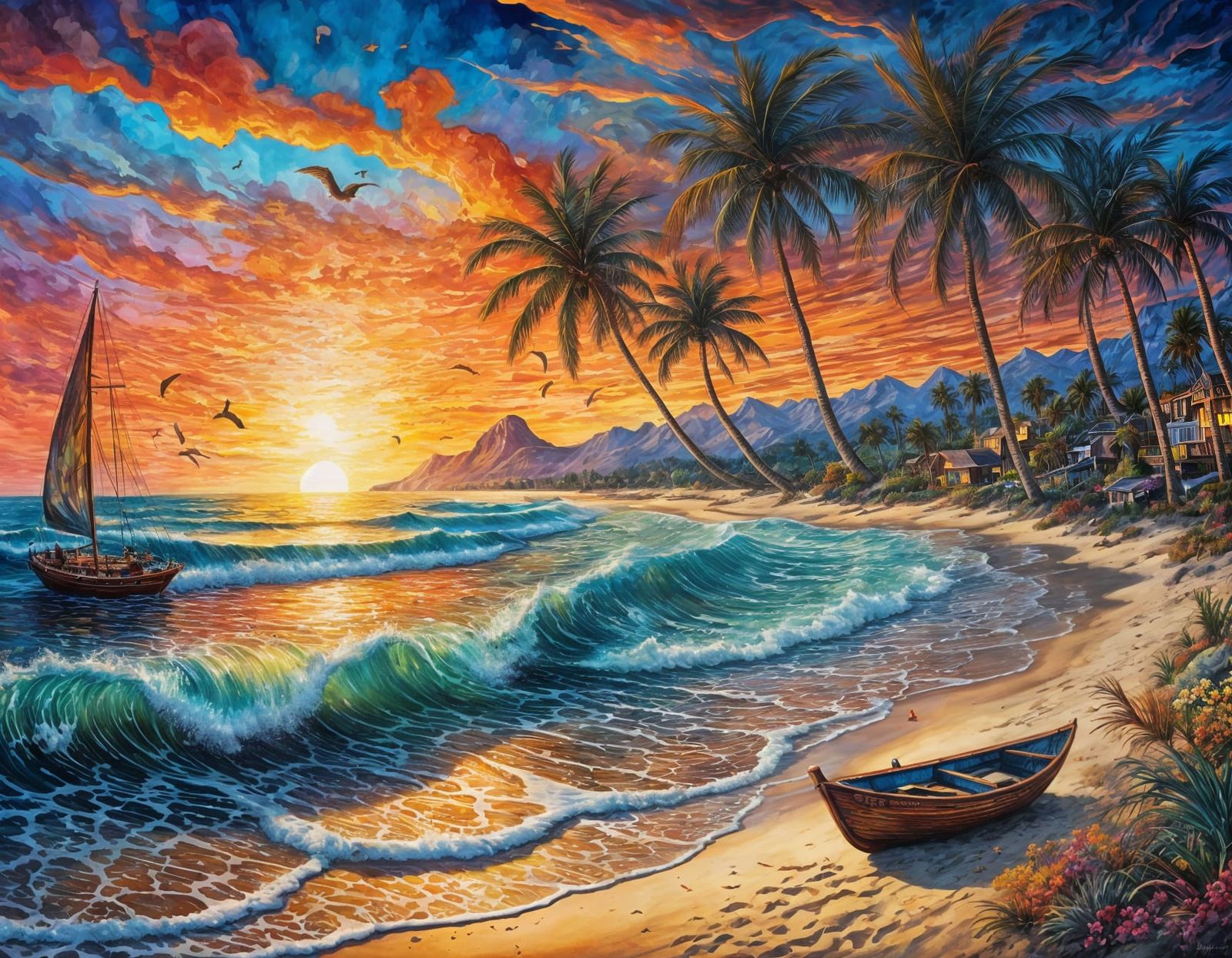 Vibrant Sunset Beach Scene with Sail Boats and Palm Trees