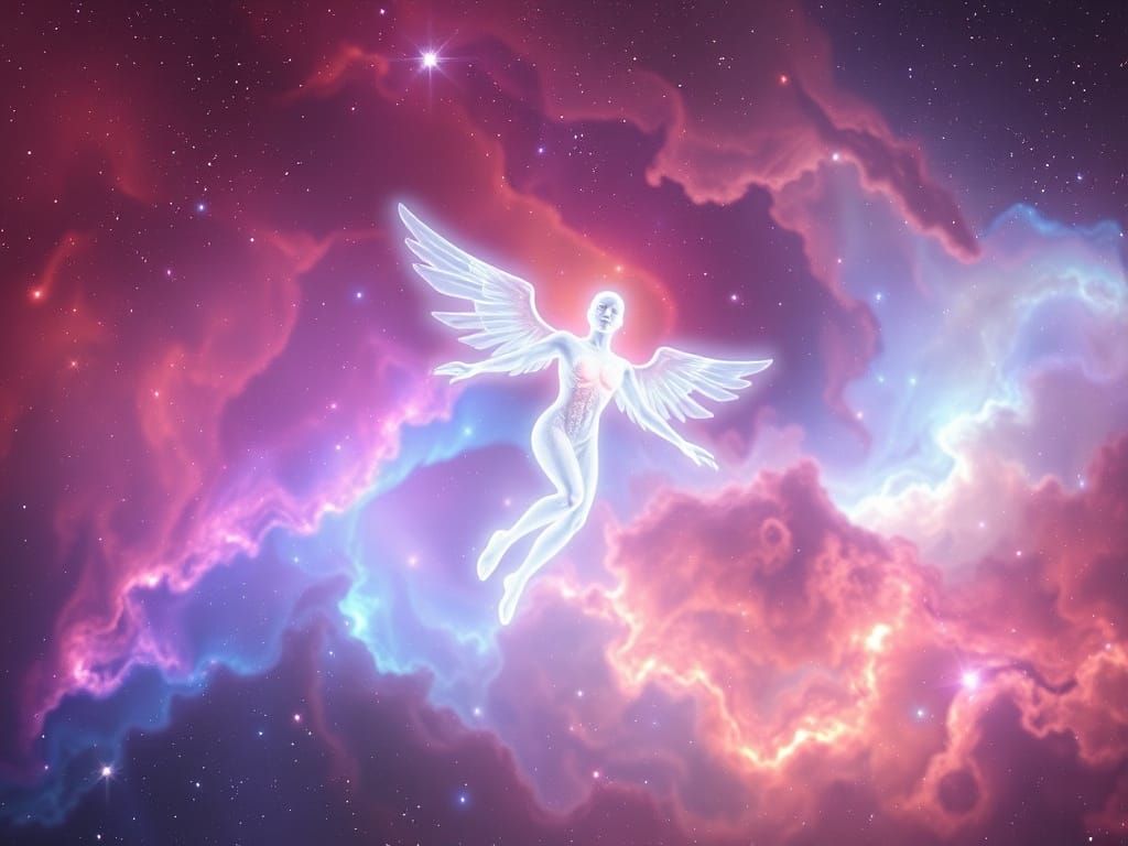 Ethereal Humanoid Flies Through Deep Space Nebula