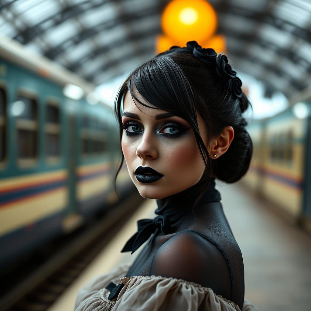 Skarlett, Gothic, Heavy make-up, Black shiny pantyhose, ballerina shoes, 
Train Station in the year 1830