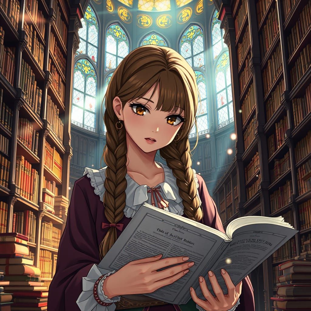 Anime Scholar in Grand Library: Hyperrealistic Art Deco