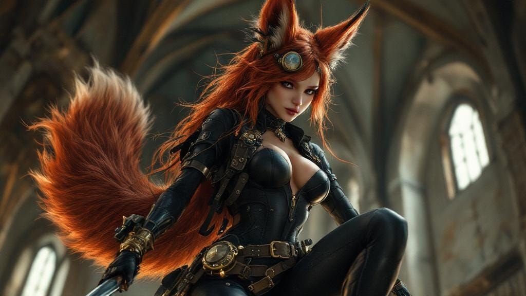 Steampunk Kitsune Assassin with Sword in Hyperdetailed Style