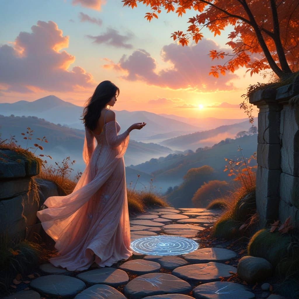 Woman Tracing Patterns in Dusk, Surreal Realism