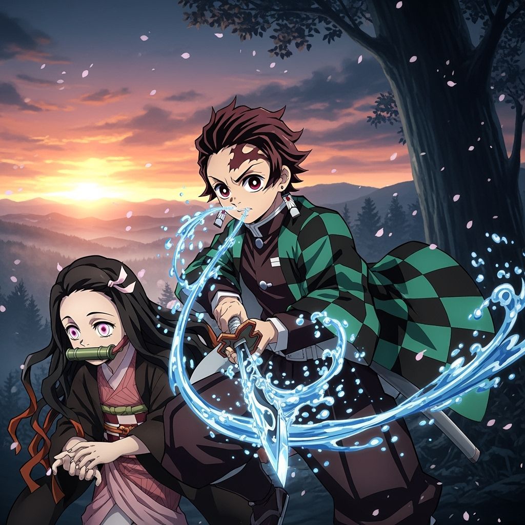 Tanjiro and Nezuko in Misty Forest Sunset