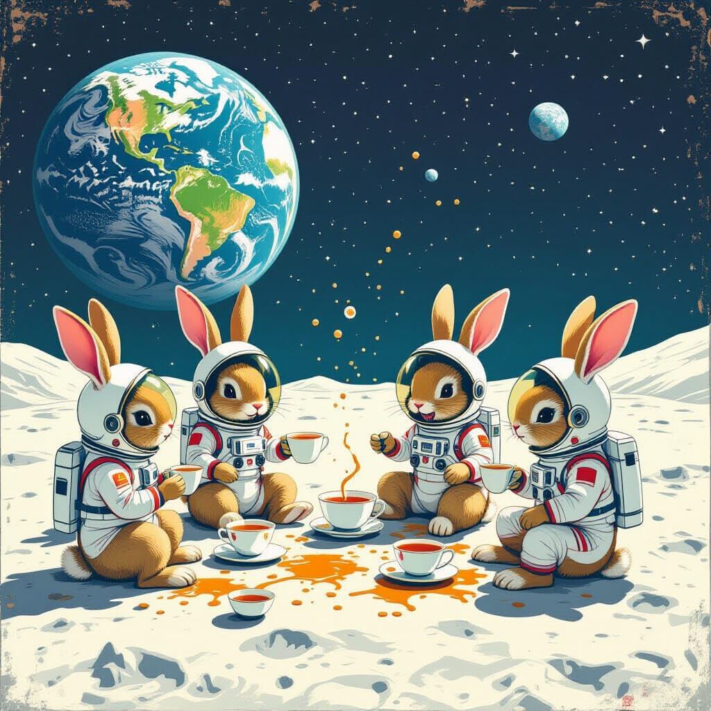 Rabbits Host Chaotic Moon Tea Party in Retro Sci-Fi Style
