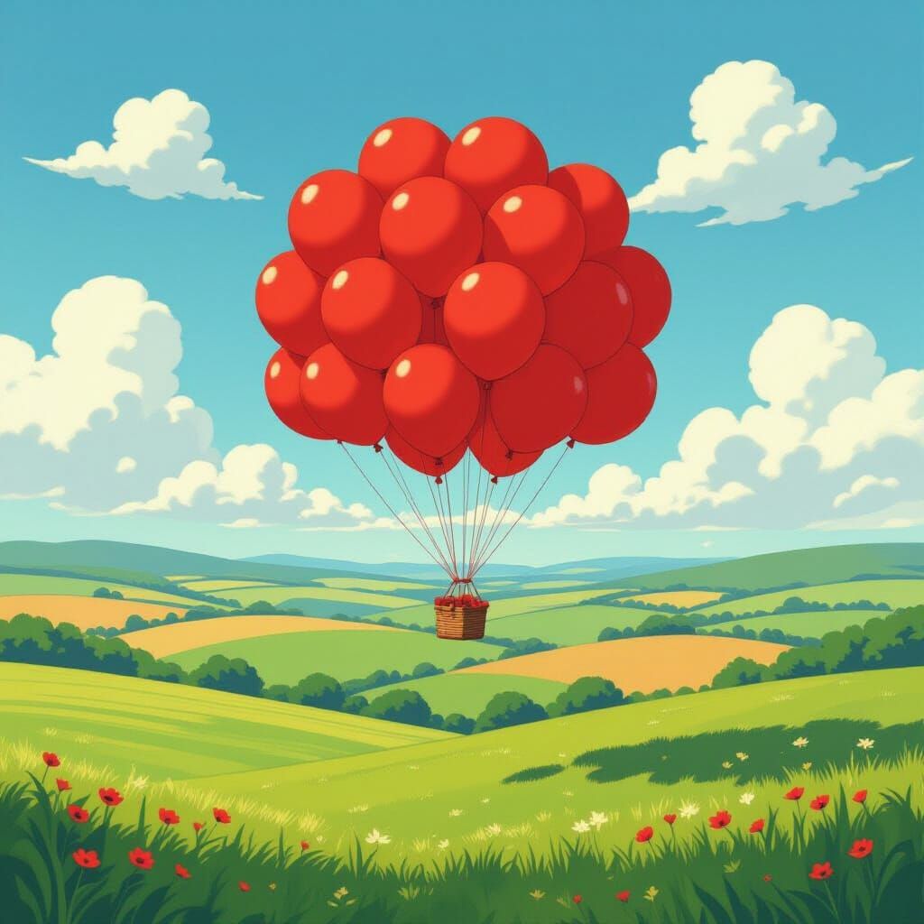 Red Balloons Soaring Over Sunny Countryside, Animated Style