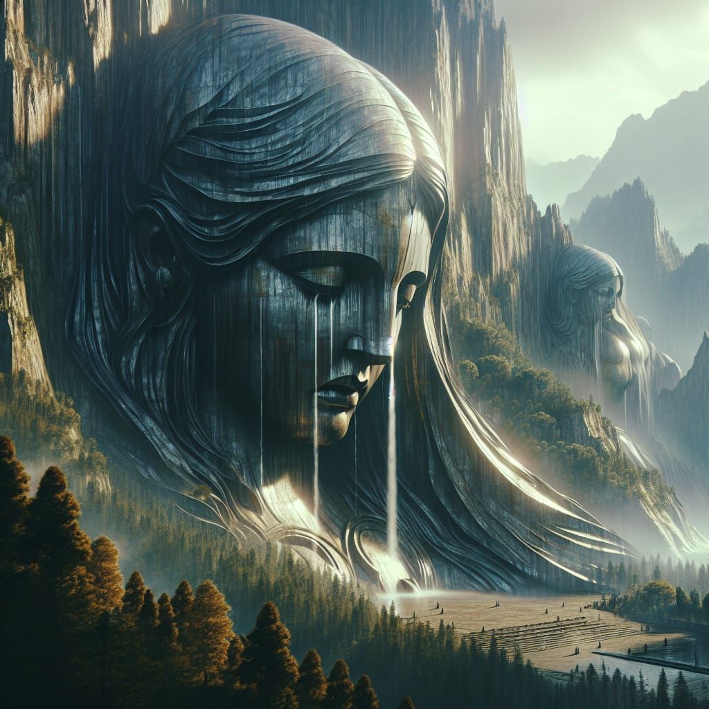 Sorrowful Goddess Statue Weeps Tears of Majestic Waterfalls