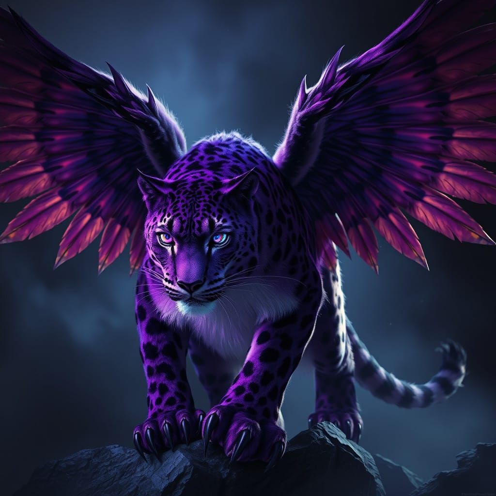 Majestic Purple Winged Snow Leopard in Dark Fantasy Art Styl...