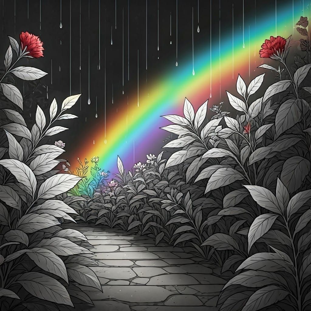 Serene Black and White Garden Scene with Iridescent Rainbow