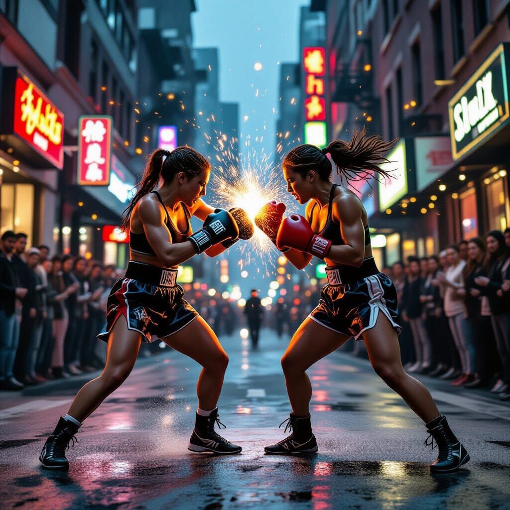 Women Boxers Fight in Gritty Street, Neon Glow