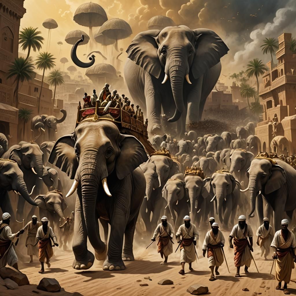 Abraha's Elephant Army Marching to Mecca: Historical Illustr...