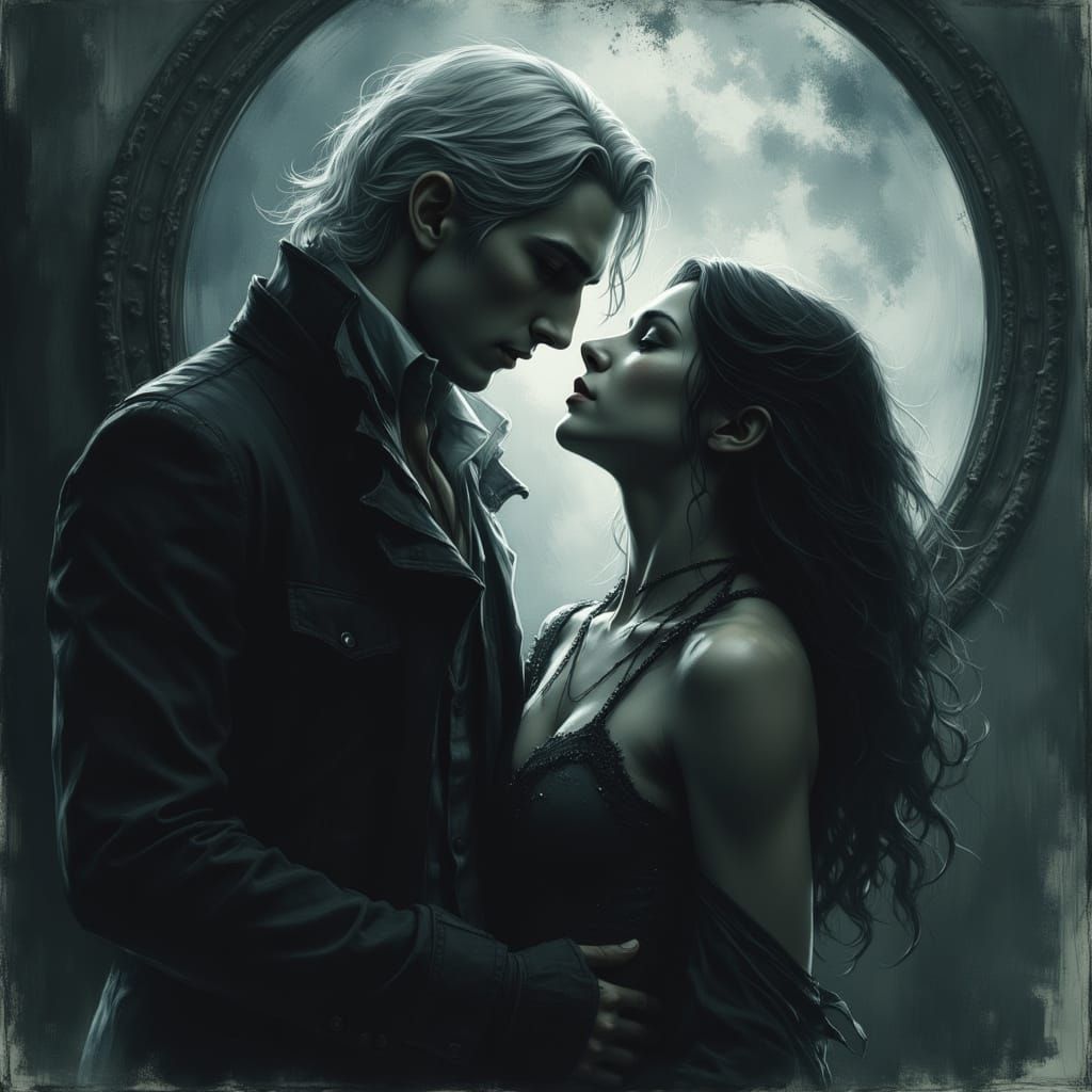 Gothic Vampire's Haunting Embrace in Eerie Moonlight
