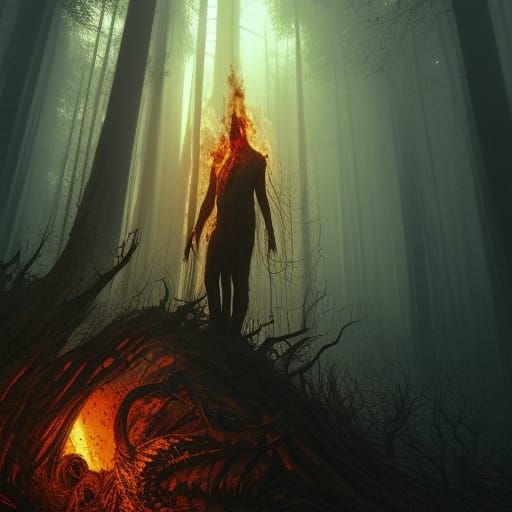Melting Man in Burning Forest, Dark Fantasy Art