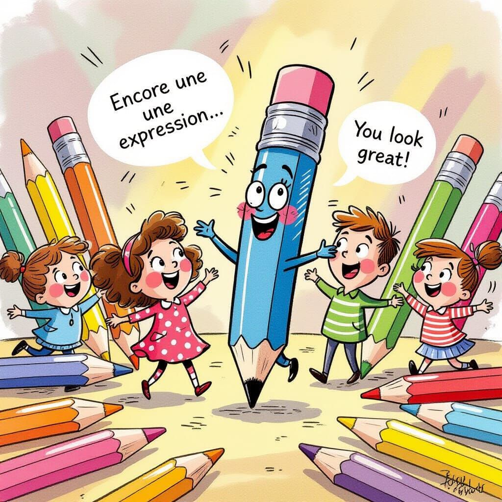 Cheerful Pencils Complimenting Friend in Cartoon Style