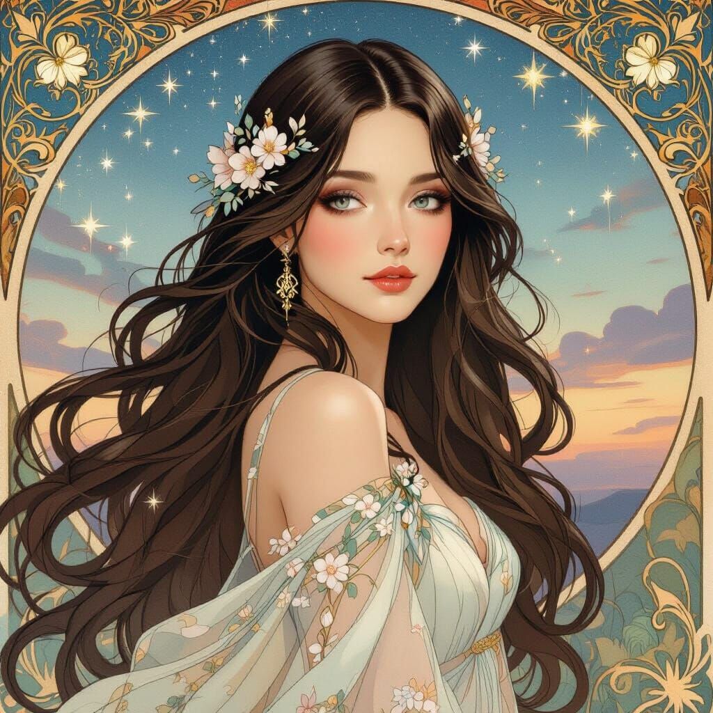 Ethereal Woman Portrait in Art Nouveau Style