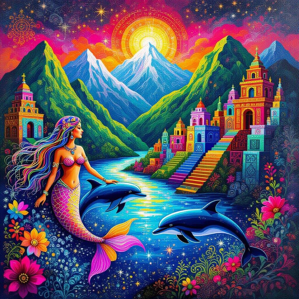 Mermaid and Dolphins Amidst Ancient City in Peruvian Style