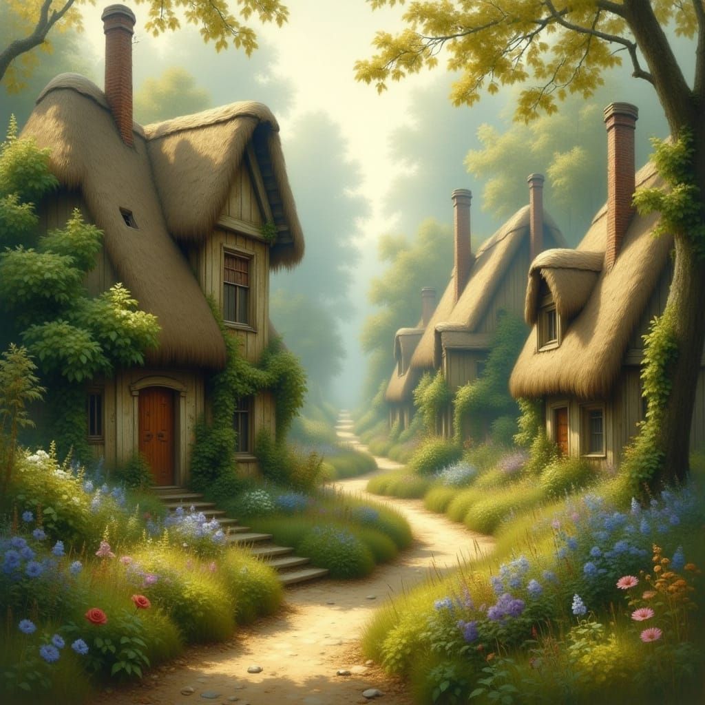 Fairytale Village with Fairies in Art Nouveau Style