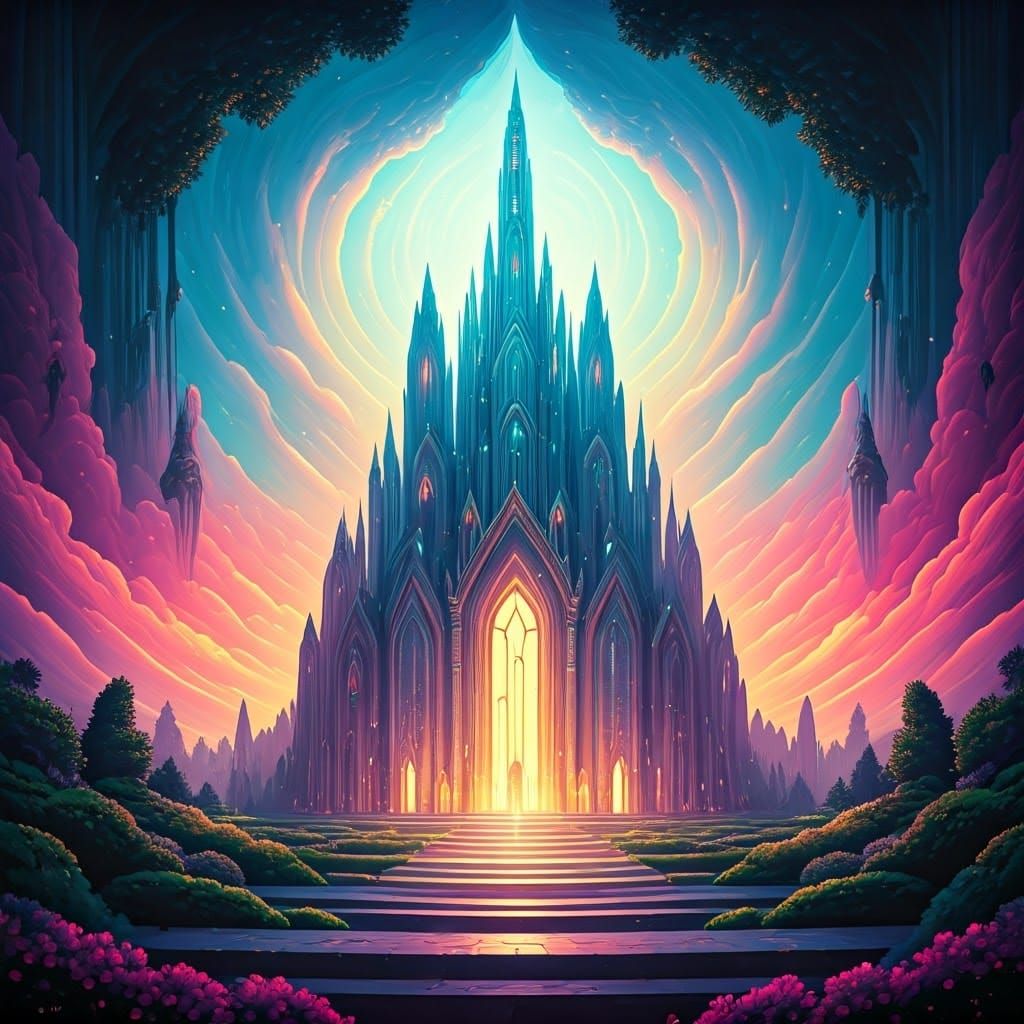 Dreamlike Surreal Landscape with Iridescent Clouds and Ether...