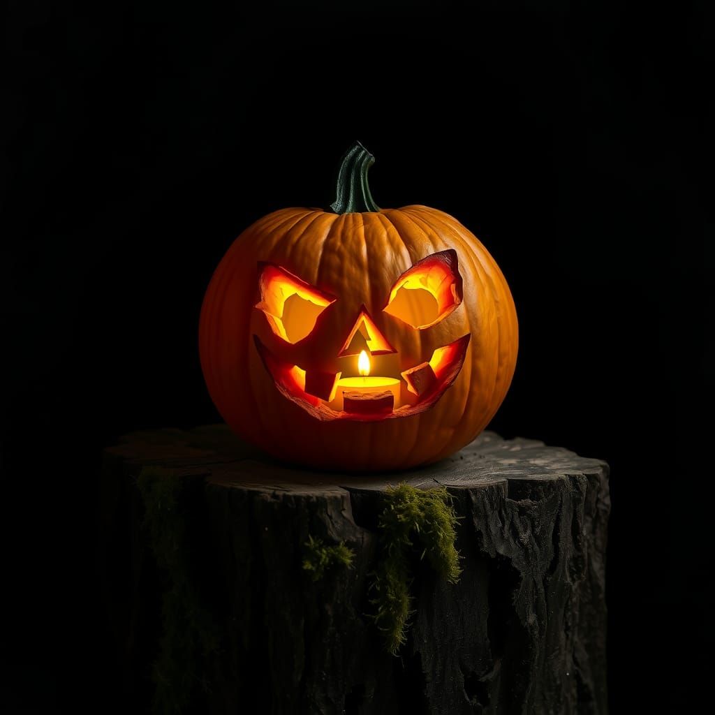 Glowing Halloween Pumpkin in Dark Forest