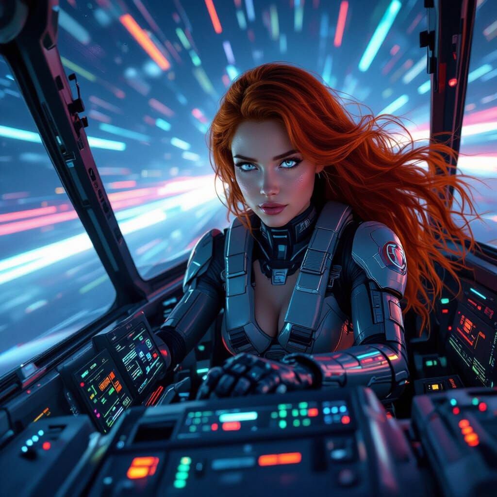 Red-Haired Pilot in Cyborg Suit Flies Futuristic Jet