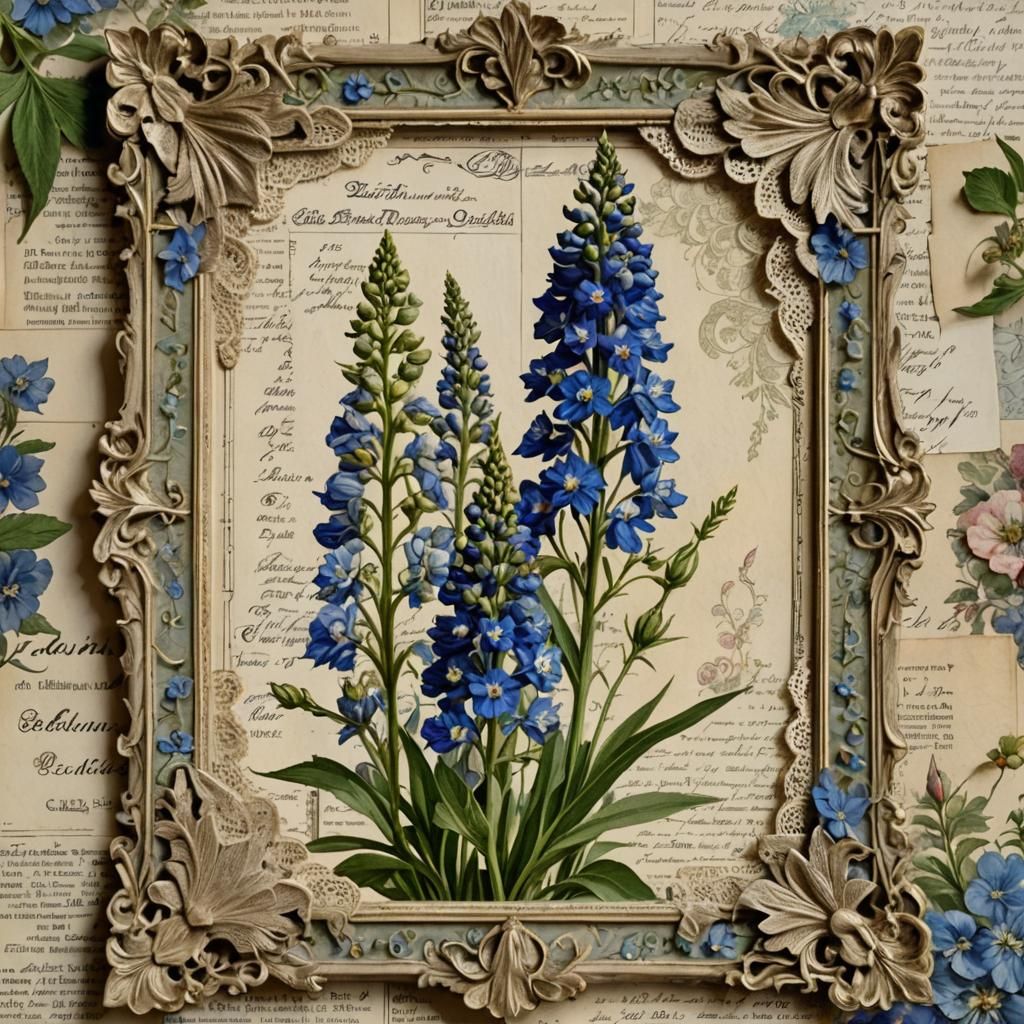 Delphinium Botanical Chart in Mixed Media Collage Style