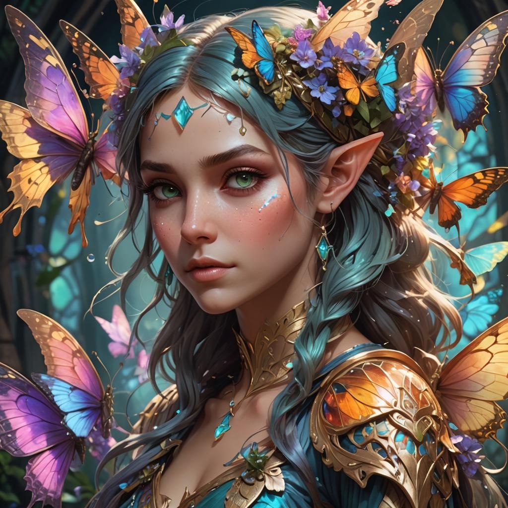 Arcane Butterfly Elf Portrait in Digital Art Style