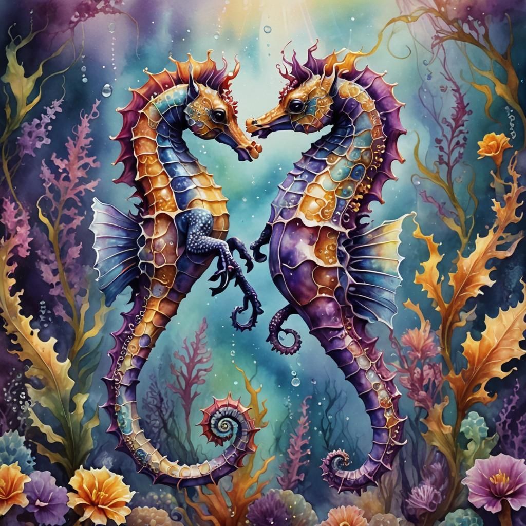Colorful Seahorses Underwater as Watercolor Painting