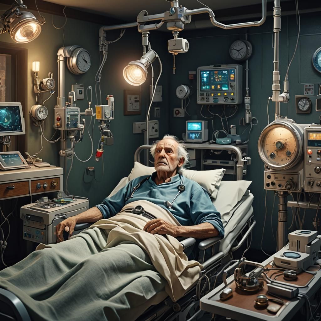 The old man waking up in a recovery room, looking relieved but still weak, with medical equipment around.