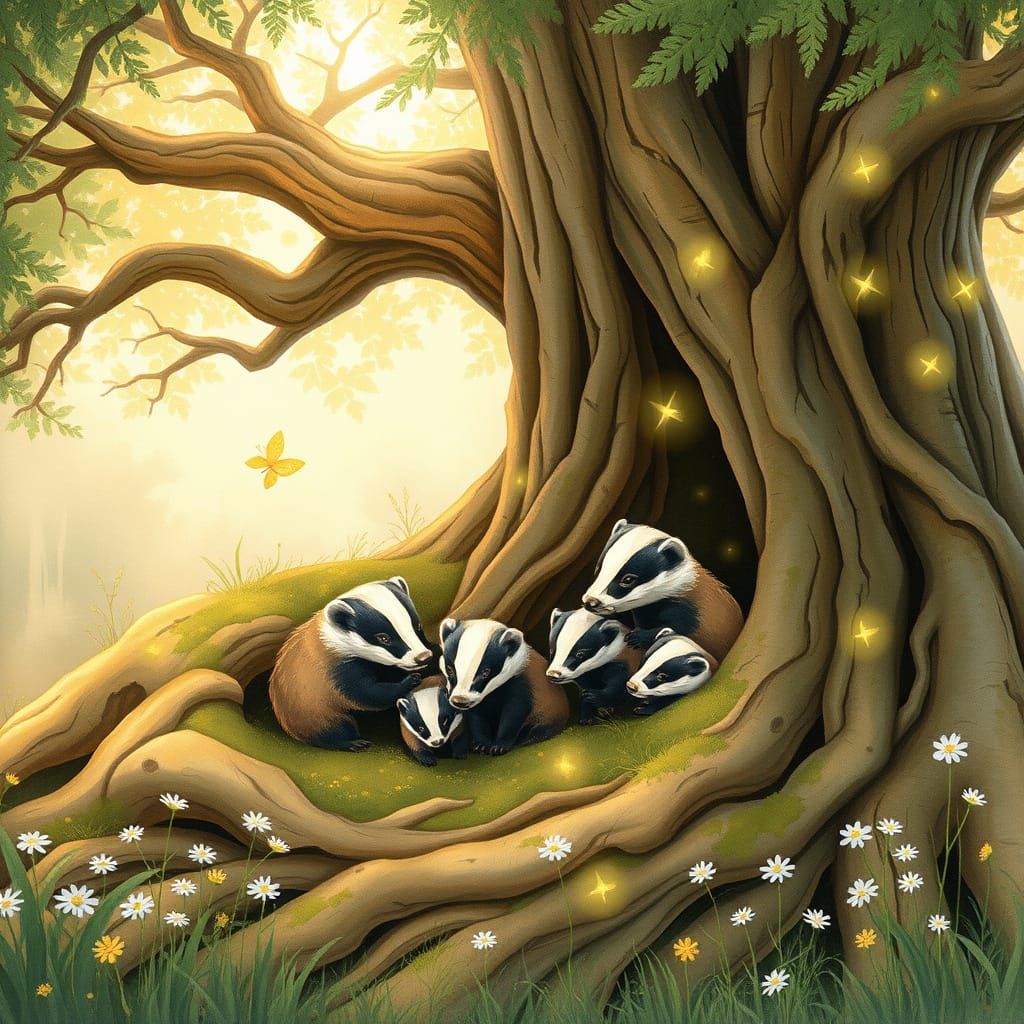 Badgers in an Enchanted Oak Tree Roots Scene, in Whimsical W...
