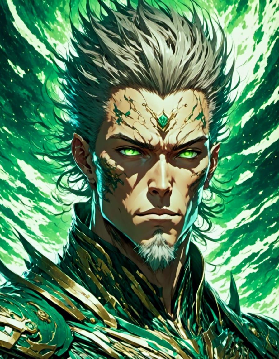 Athletic Man with Piercing Green Eyes in Comic Style