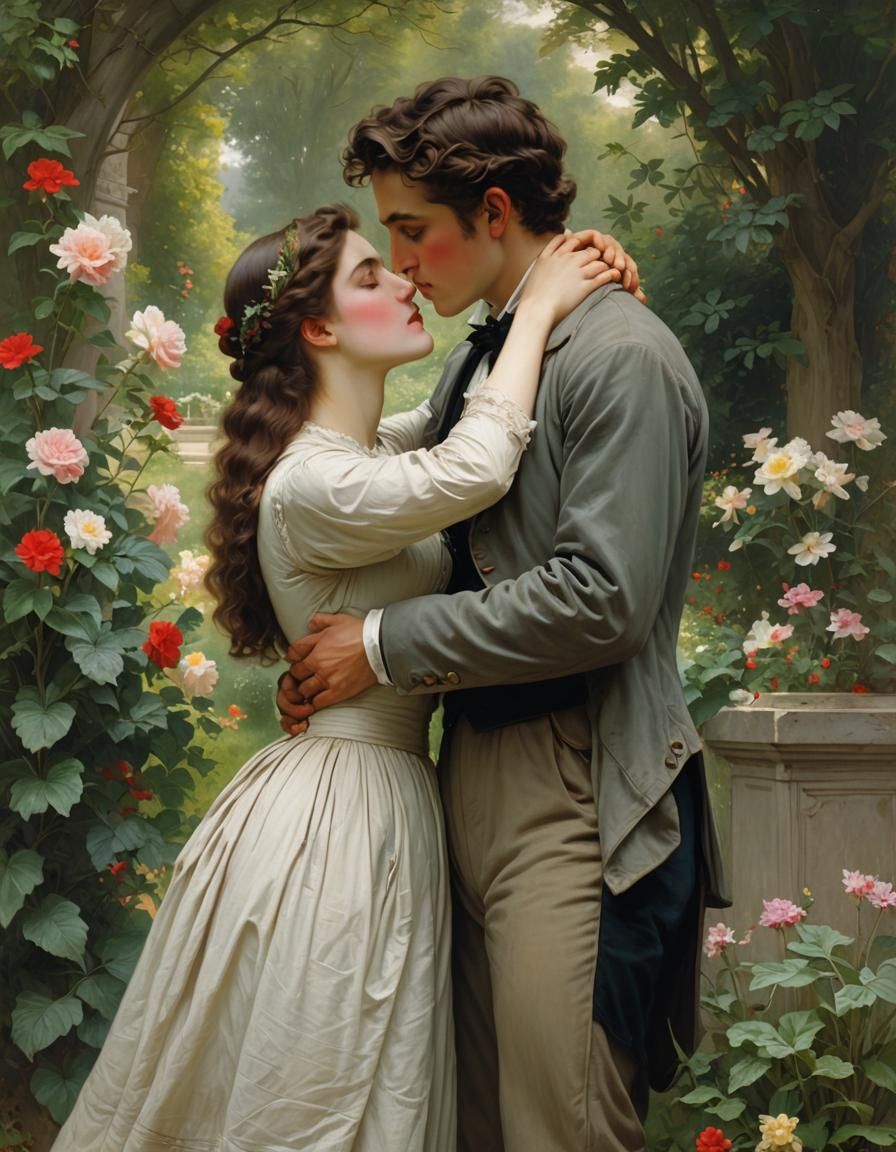 A young Victorian couple kissing in a garden, half body port...