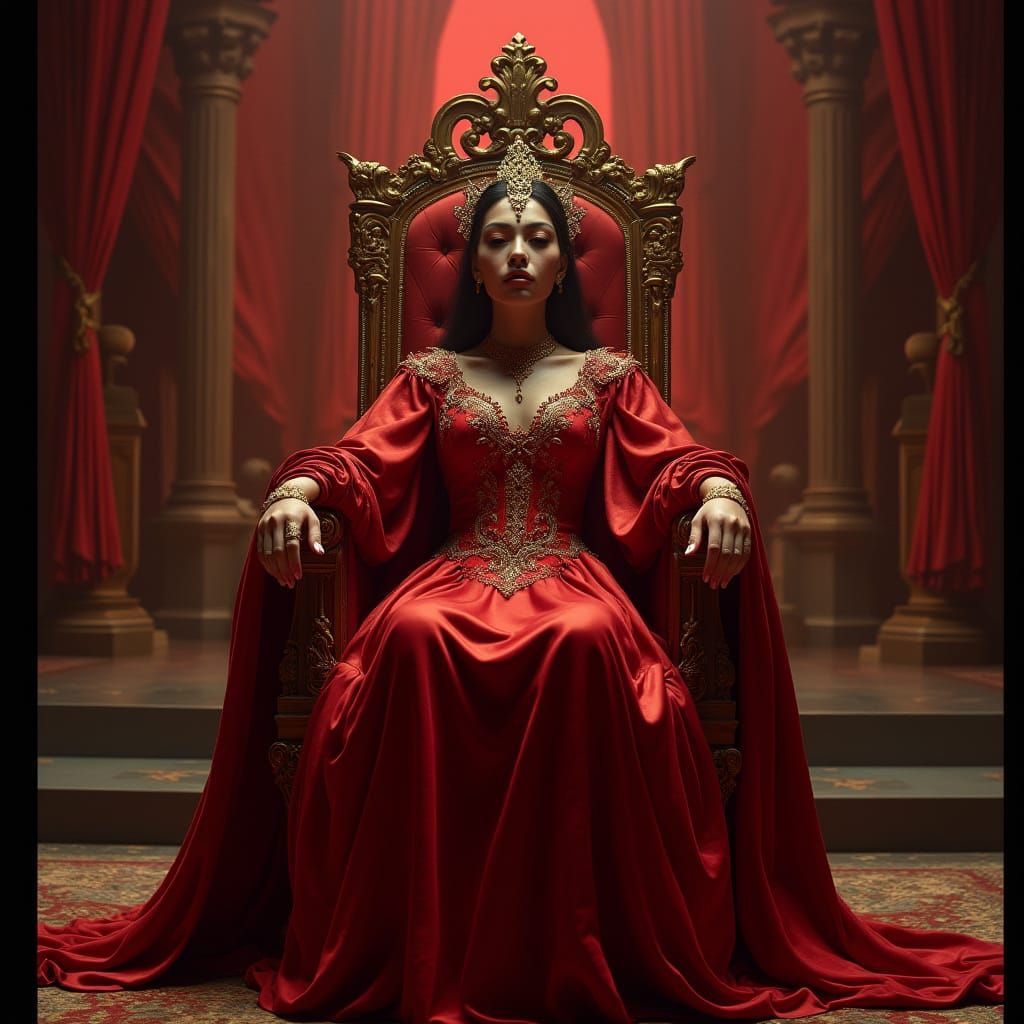 Regal Figure on Throne in Cinematic Film Still Aesthetic