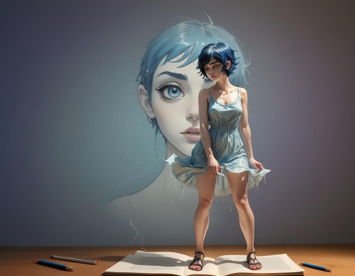 Glowing Woman in Pencil Sketch on Notebook Paper