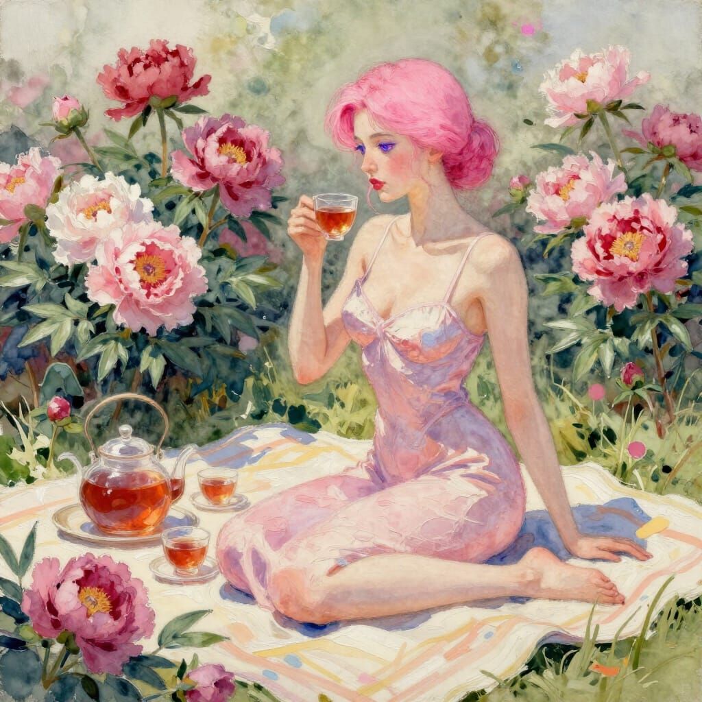 Woman with Pink Hair Enjoys Tea in Peony Garden