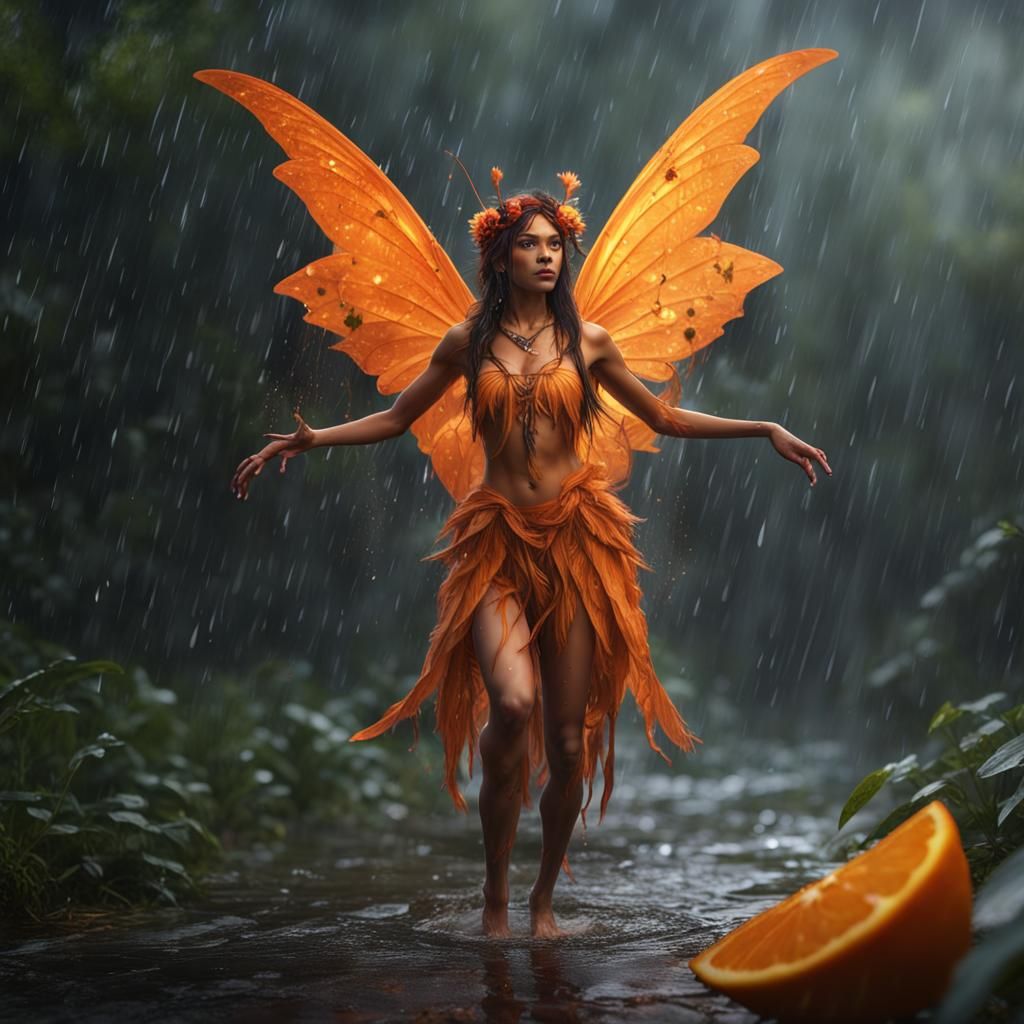 Hyperrealistic Amerindian Orange Fairy in the Rain