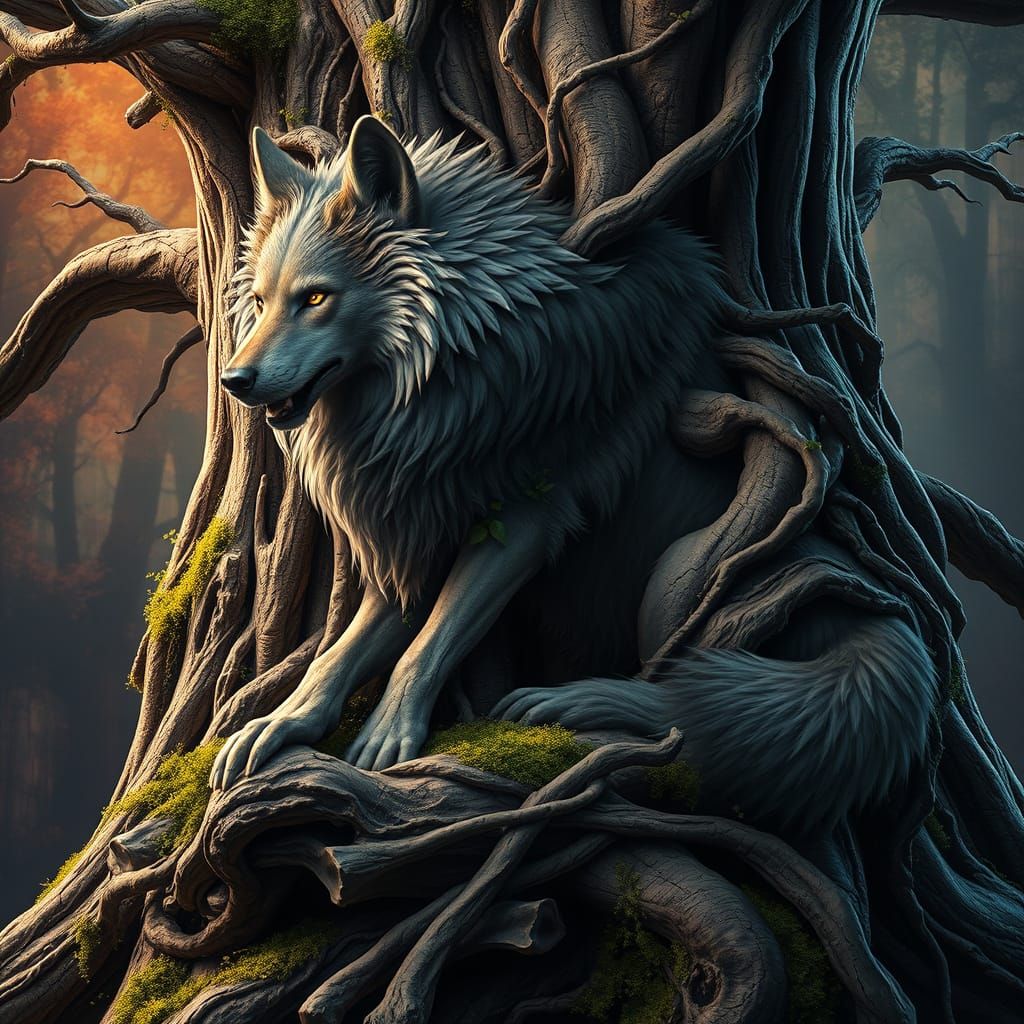 Majestic Canine Blends with Ancient Tree Trunk in Rich Matte...