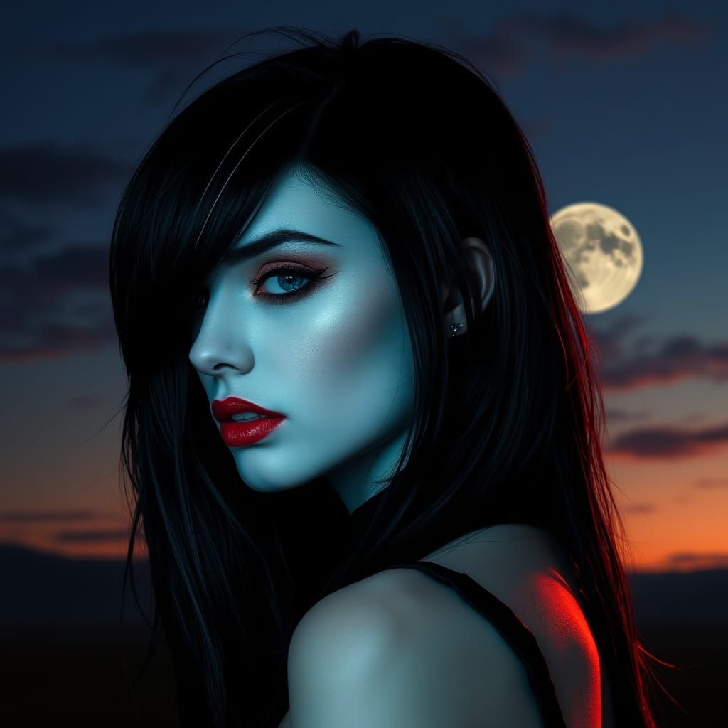 Gothic Woman Portrait Under Half-Sunrise, Half-Moon