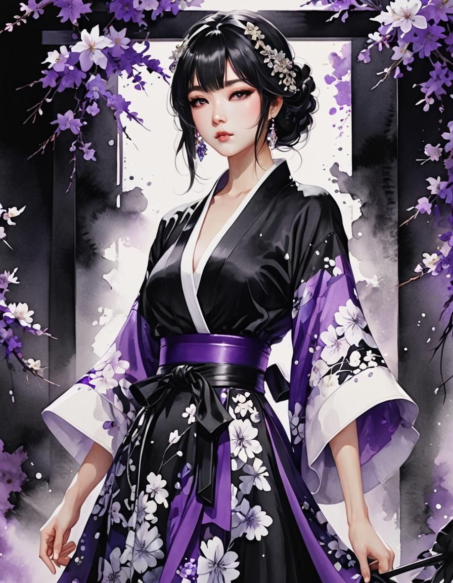 Neon Kimono in Black and White Watercolor Style